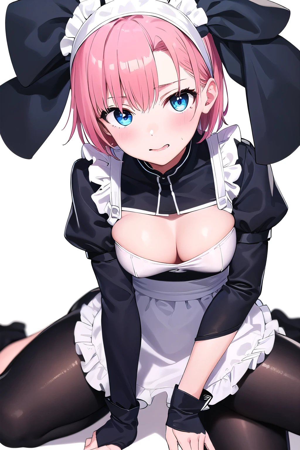 girl,boyish, very short hair, pink Hair, medium Breasts,Black glossy tight maid body suit,Cowboy Shot,blush,sexy face,blue eyes,front leg pose,Tight fit,clearly,Striped pattern, (white background:1.3), 