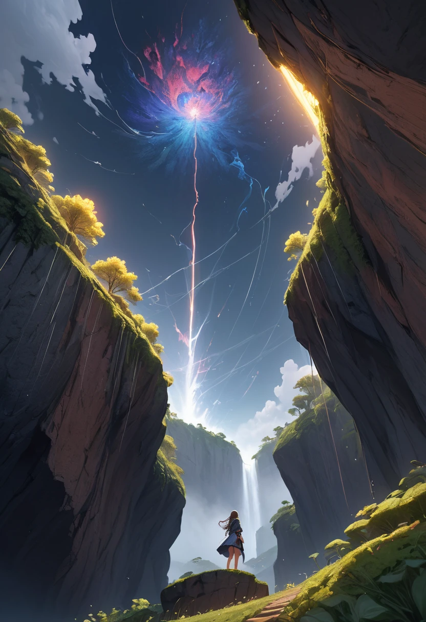 1girl, on the edge of a cliff, big tree beside her, view from below, hand raised, rainstorm, night, everything is shining, abstract, accurate, 8k, masterpiece, detailed