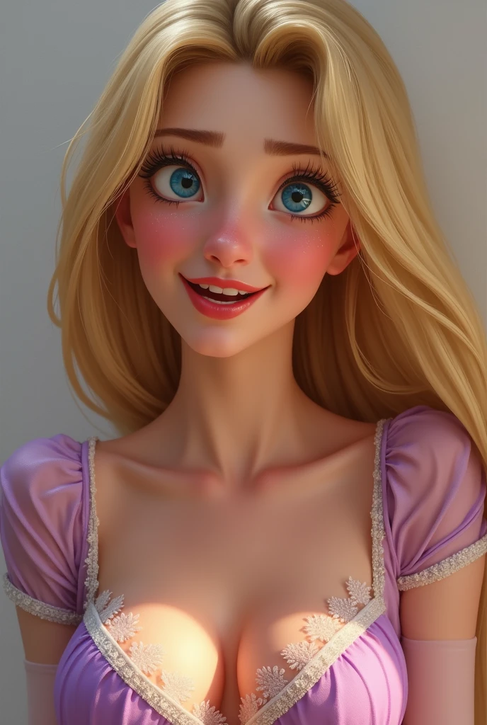 Rapunzel nue qui montre son anus en gros plan, 1 fille, Solo, Sourire, Yeux bleus, Cheveux Blonds, réaliste, visage extrêmement détaillé, sans vêtement, anus détaillé, émotion surprise, vue sur anus, jolis seins