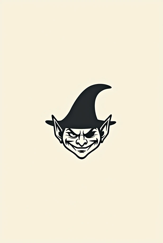 "I want a logo that represents the face of an evil goblin. The leprechaun must be smiling mischievously, with an expression that reflects his cunning and malicious character. An important detail is that one of his eyes must be covered by a pointed hat., which adds a touch of mystery. The style of the logo should be minimalist, composed only of thin and simple strokes, without many additional details, to make it easily recognizable and versatile in different sizes
