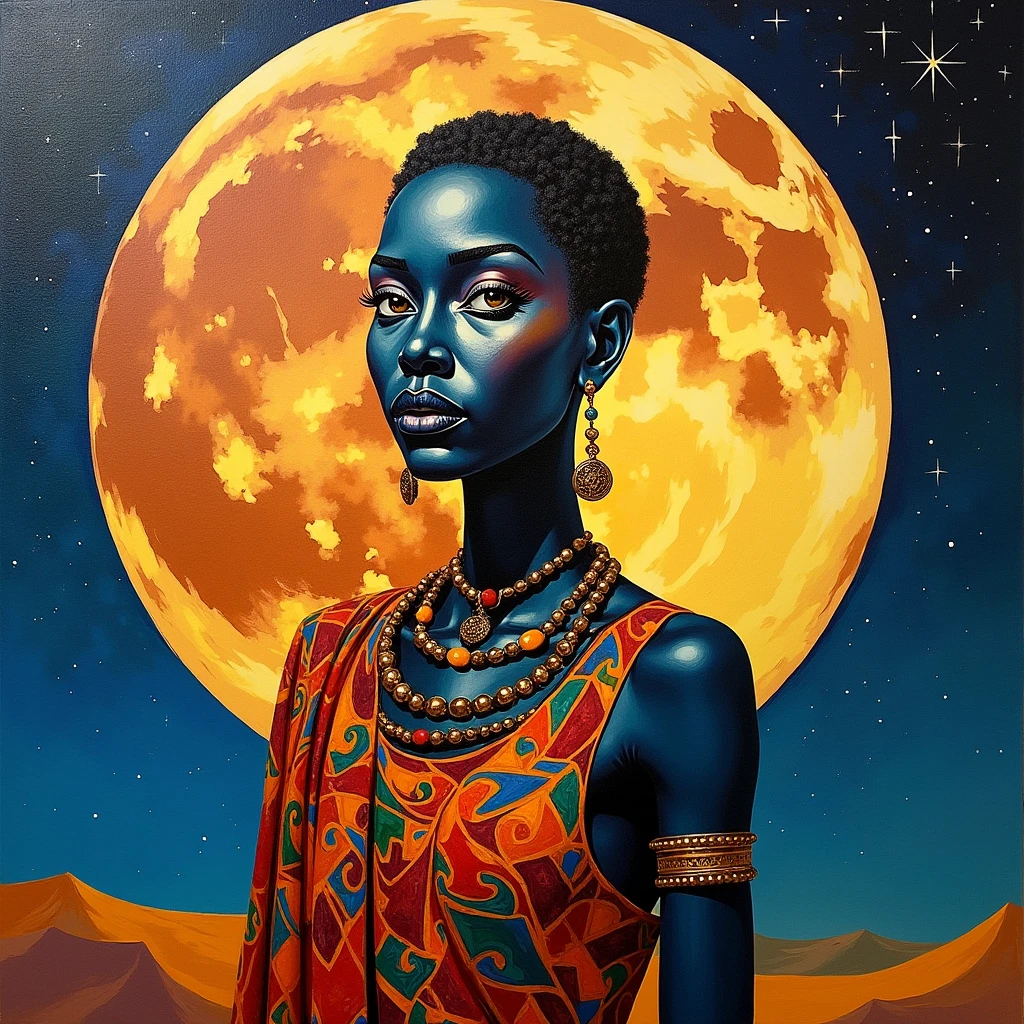 beautiful painting of an African on the moon, Rich in Color, Picasso Painting Style, Pro image
