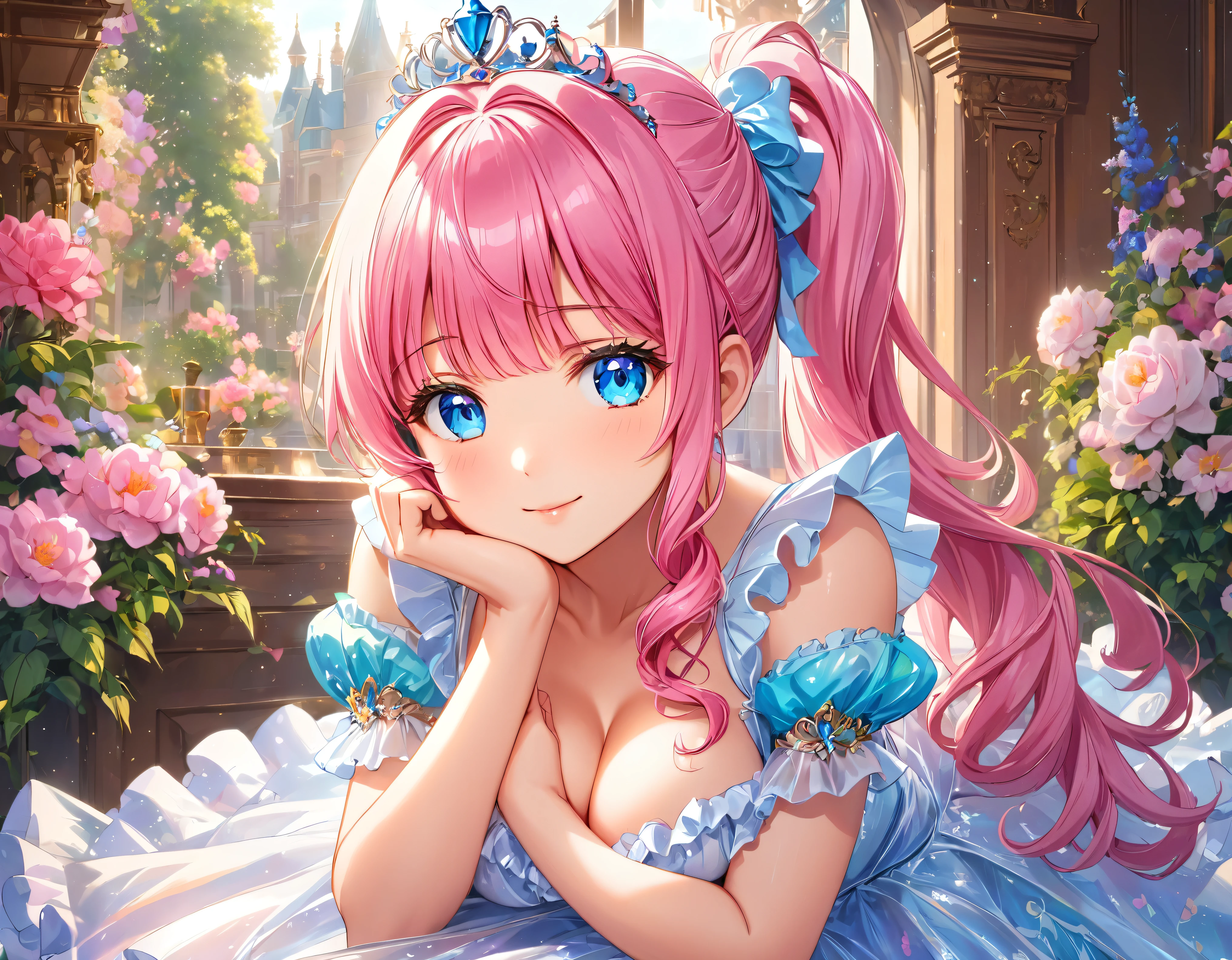 ((Extremely detailed depiction, Super detailed, Exquisite quality, Ultra-high resolution)), (upper body:1.5), ((Transparent gown)), ((A Rococo Victorian gown featuring a voluminous, huge, full-length hoop skirt and a long hem, Princess style skirt))), (Glorious reflection, prism, Pure white gown), ((A skirt with complex multi-layered frills)), (((ソロの若いprincess))), Ultra-detailed and detailed face, Very cute face, Cute Smile, ((Pink Ponytail:1.4)), Fluffy and smooth curly hair, Expressive hair, Super voluminous long hair, (Blunt bangs, princess_cut), Huge , Cleavags on the face:1.5), (((Chin resting on hand, looking at viewer, leaning forward, from front view:1.7))), (from above:0.5), Super detailedな肌, Skin Dentition, Eyes Blue Eyes, (((Perfect Anatomy))), Colorful flowers in full bloom, (((Surrounded by lots of flowers))), Depth of written boundary, Particle Effects, Caustics,