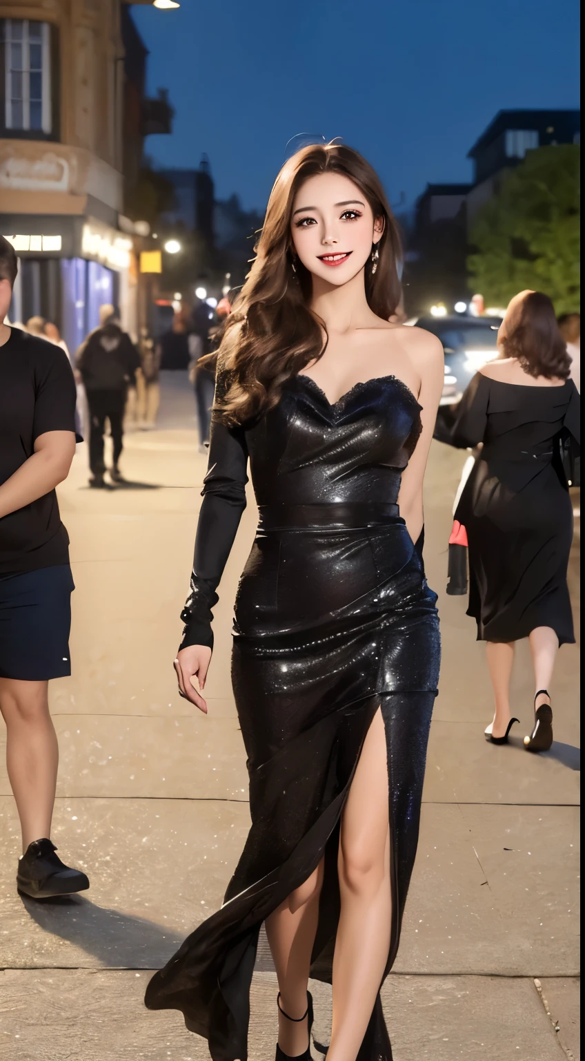 ((best quality, 8k, masterpiece :1.3)), 1 woman, smiling, whole body, slim face, Pretty Woman, (dark brown hair), full length dress :1.1, very detailed face, detailed eyes, double eyelid, blur background, slim face, city, out, distance,