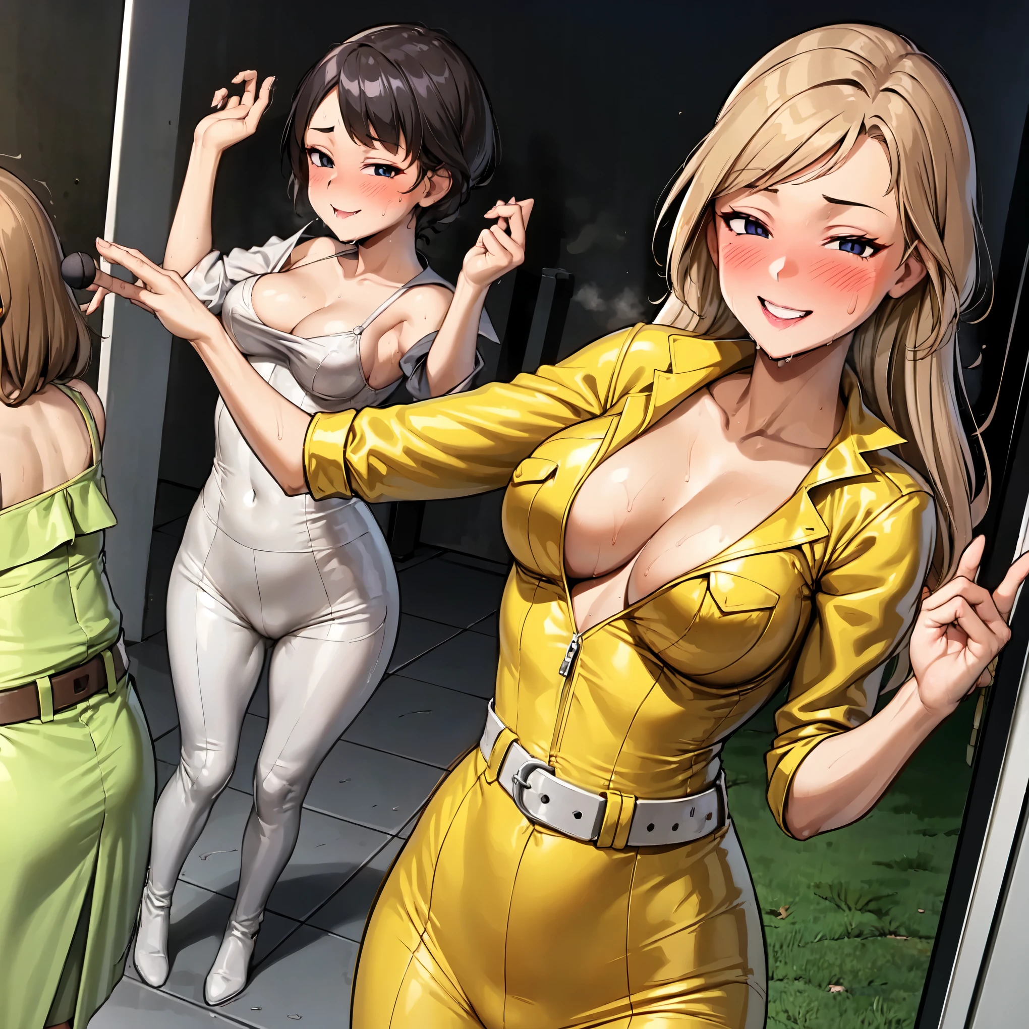 ((super high quality,Ultra-high resolution,16K,super masterpiece,Ultra HD ,Detailed shading,))Park at night,((3People Women,Sexy older sisters)),Cleavage,Yellow jumpsuit,White belt at waist,popped Tight collar,smile,blush,Sweaty,holding a microphone in his hand,A small amount of drooling,