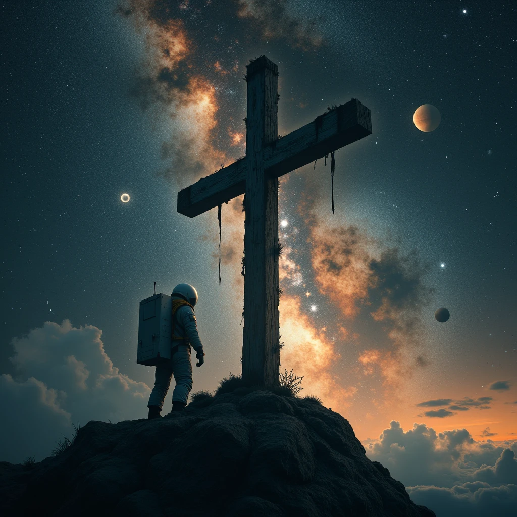 The Cross , that the cross has a small stain of blood, outer space , constellations, stars , planets , an astronaut
