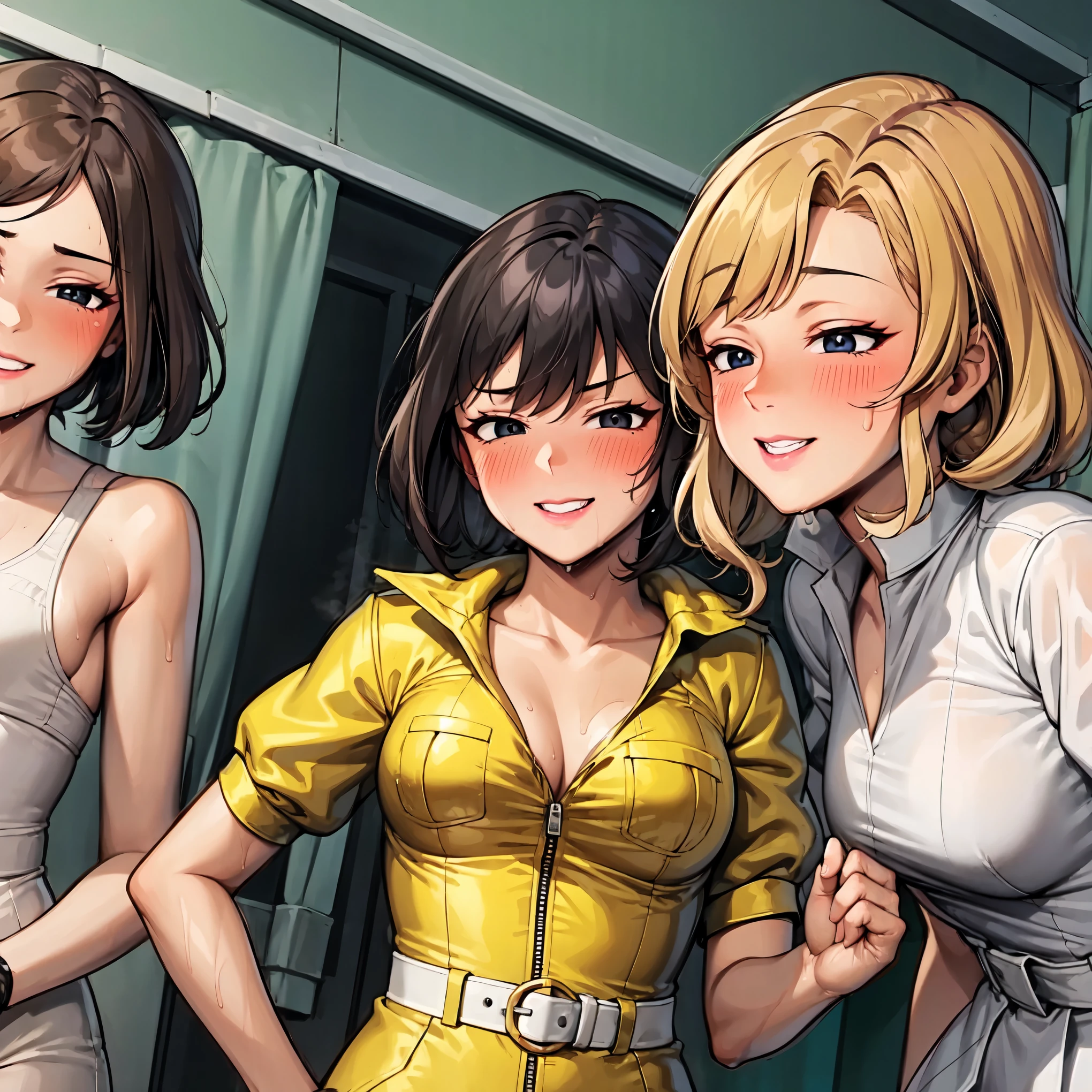 （（super high quality,Ultra-high resolution,16K,super masterpiece,Ultra HD ,Detailed shading,））Park at night,（（３People Women,Sexy older sisters））,Cleavage,Yellow jumpsuit,White belt at waist,popped Tight collar,smile,blush,Sweaty,holding a microphone in his hand,A small amount of drooling,