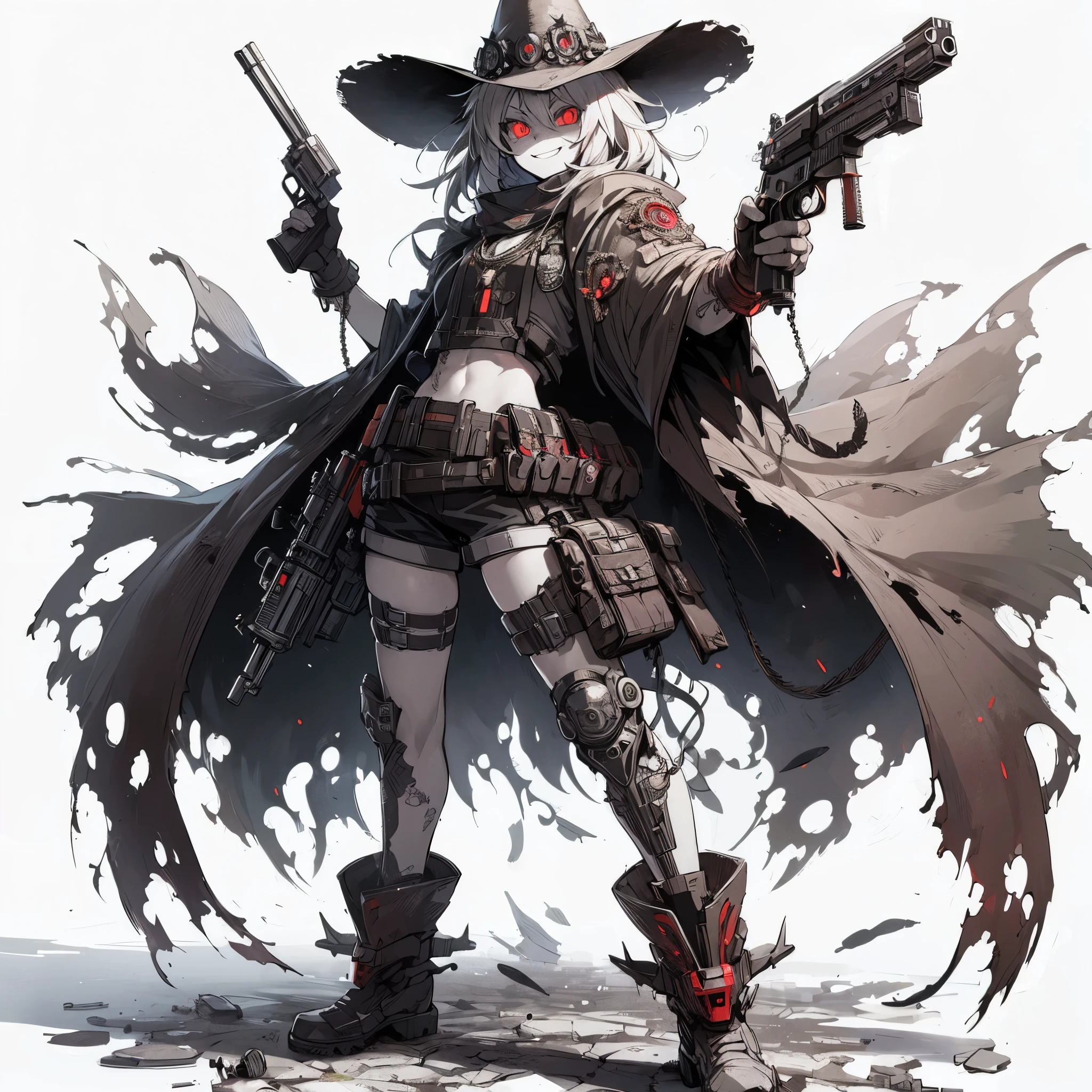 (masterpiece, Best Quality), (detailed hairs), Ultra-detailed, Anime style, Full body, Solo, Cyberpunk urban legend gunslinger lady, white hair, red glowing eyes, JAGGED-SMILING-TEETH, wearing distorted wrestler costume, ragged cloak, distorted duster coat, spurred boots, and a distorted wide-brimmed cowboy hat. Holding a monstrously relic revolver pistol. feminine. ultra- massive, muscular, White background, standing full length, standing on wasted earth,
