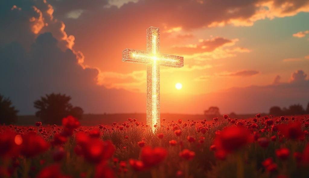 an image of a transparent/clear glowing cross in middle, the Cross is very clear and transparent, it is very shiny and glowing, beautiful landscape FOREGROUND with red flowers, dramatic cloud background, sunset, very low angle camera shot, daytime,