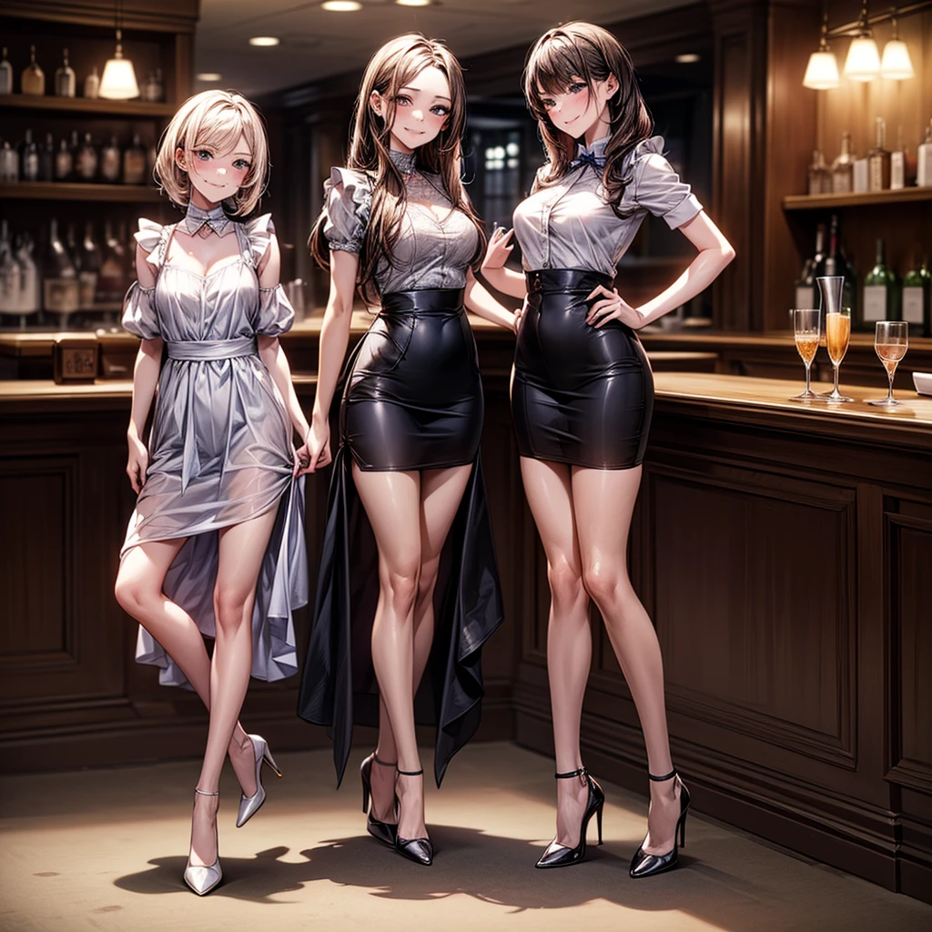 (masterpiece:1.3),(best quality, highest quality),((Full Body Shot,Including face)),girls,4K,masterpiece,((Focus on the face)),((Symmetrical facial features)),Beautiful woman,(slender),((High heels)),Detailed depiction of the face, Cafe ,bar,Maid clothes,skirt,Age 25,(smirk),
