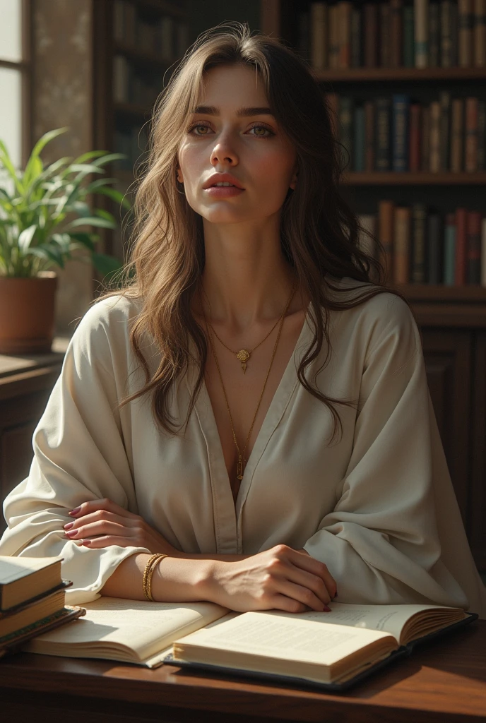 A character similar to Isolde in league of legends but in a scholarly way without jewelry we see her hair going down to her shoulders in a style more like the prophecy roleplaying game