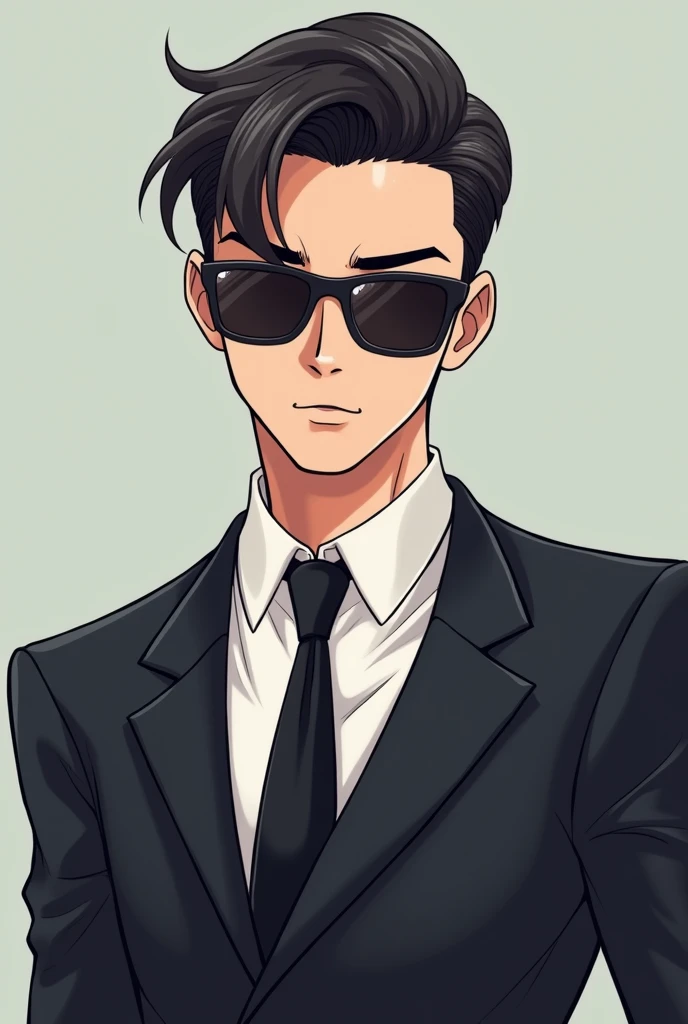 Create a profile pic cute anime mafia guy with sunglasses on. Both shoulders must be seen.