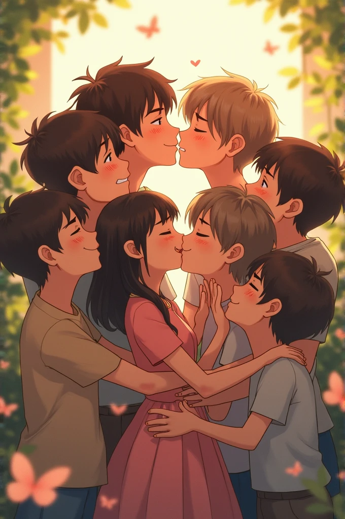 Six boy and one girl together kissing 