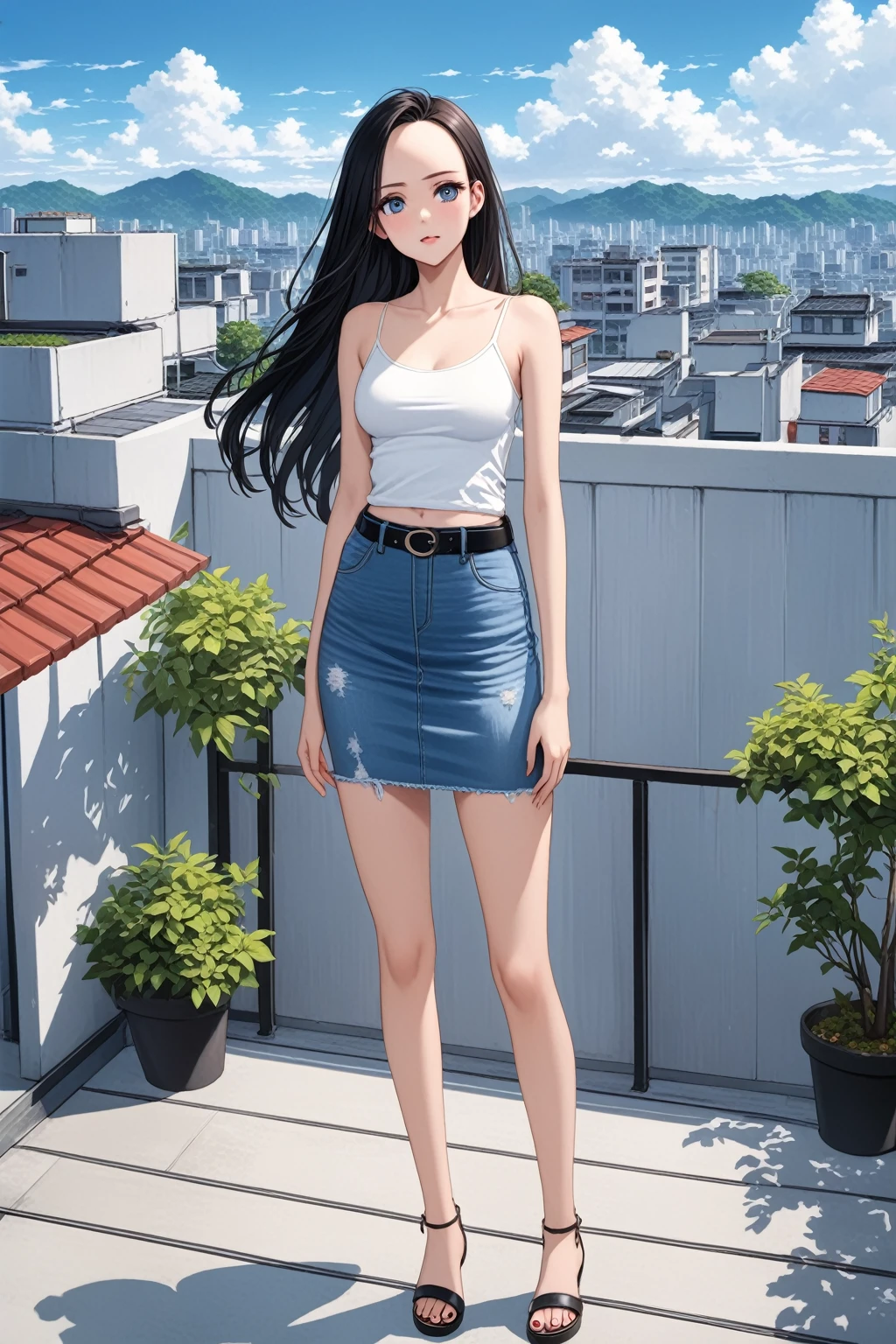 realistic anime illustration of pretty young woman is posing at rooftop park, she has black long straight hair (+forehead), wearing white tanktop, black camisole under ther top, aegeon-blue denim pencil mini skirt with belt, (1girl, solo, full body), (masterpiece, best quality, japanese anime style), (expressive eyes, perfect face)