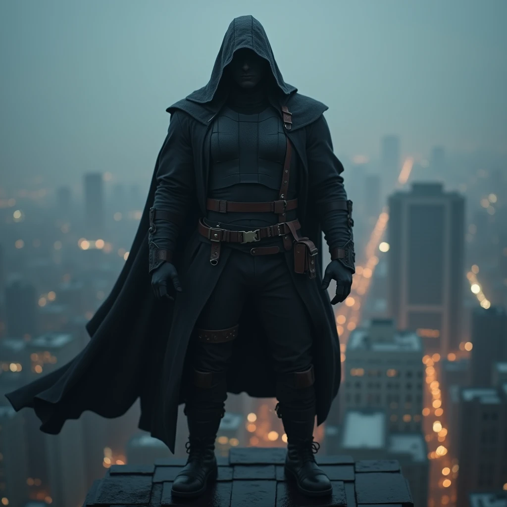 image haute qualité 16K, photo réaliste, vu de très haut, près que vol d'avion. Un homme de grande stature, mesurant 1,80 mètre, se tient debout avec assurance sur le toit d'un gratte-ciel. Sa silhouette imposante est mise en valeur par une musculature robuste, témoignant d'une force physique impressionnante. Il est vêtu d'une tenue principalement noire, avec un tissu épais qui semble à la fois fonctionnel et élégant. Sur son torse, il porte un plastron noir mat, renforçant sa protection tout en conservant une apparence furtive. Un long manteau en cuir épais, également noir, ouvert, accentuant l'aura de mystère qui l'entoure. Sa capuche ample, tirée profondément sur sa tête, plonge son visage dans une obscurité totale, dissimulant ses traits et ajoutant une note énigmatique à sa présence. Même sous la lumière douce d'une nuit noir, son visage reste indiscernable, caché dans l'ombre, un temps humide, pluie brouillard épais, Ses pieds sont chaussés de bottes noires de style Rangers, renforcées et adaptées pour l'action. Autour de sa taille, un ceinturon en cuir solide est maintenu par une boucle argent, d'où pendent divers équipements défensifs : deux matraque à la finition sombre ranger les long de son corps.
Le héros mystérieux se tient là, calme et serein, dominant la ville en contrebas. Les lumières de la ville illuminent le paysage urbain en mouvement et bruyant, contrastant avec la tranquillité et la détermination de l'homme qui les observe. Le vent souffle légèrement, faisant voler son manteau, tandis qu'il scrute l'horizon, prêt à agir.