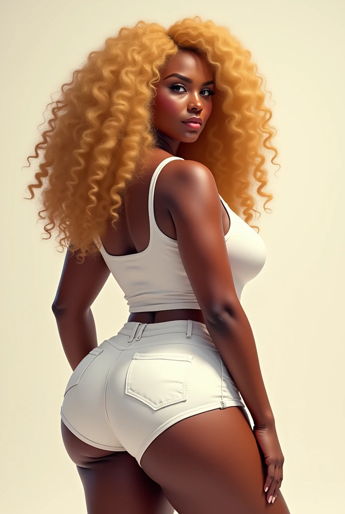A very black fat woman with blonde curly hair wearing white short shorts and a tank top doing a back pose.