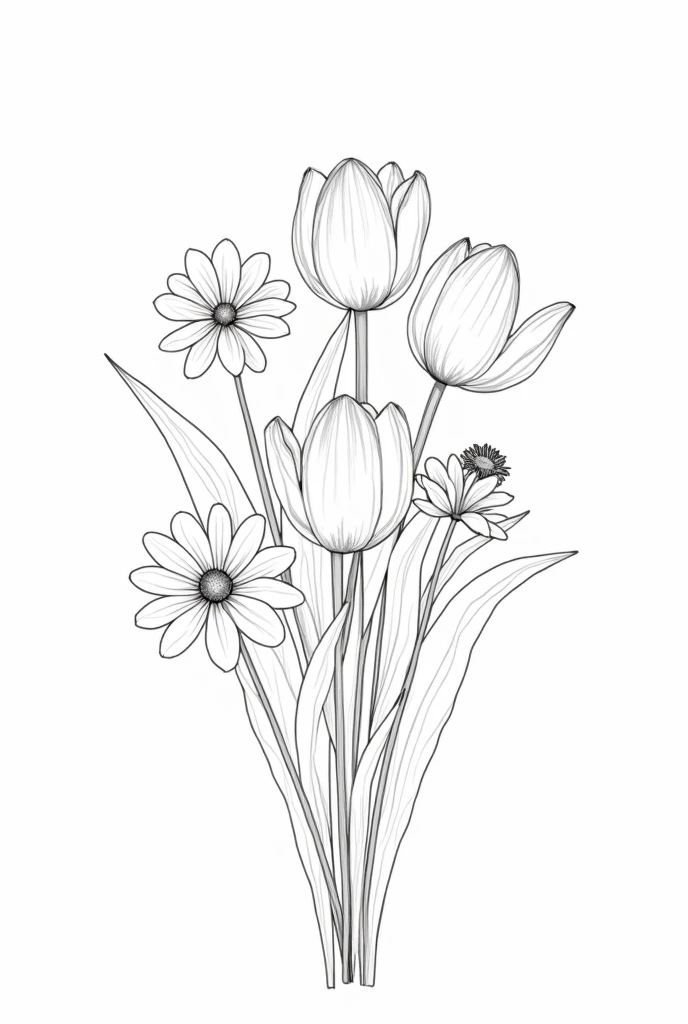 Fine line drawing of bouquet with tulips and daisies