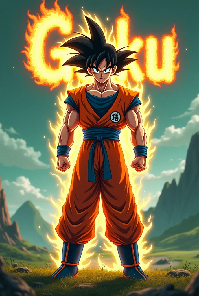 {{A ((hyper-realistic and powerful)) depiction of {((Goku on Planet Namek, in his iconic orange gi, with his hair spiked up in his Super Saiyan form))}} with {((Goku standing in a battle-ready stance, his aura glowing with intense energy, and the Namekian landscape stretching out behind him with its green sky and blue grass))}. This is a {((hyper-realistic digital art))}-inspired image that showcases {((the raw power and determination of Goku in a moment of intense focus))}. The environment/background should be {((the alien landscape of Planet Namek, with its rocky terrain, scattered trees, and the iconic green sky))} to create an {((atmosphere of intensity and otherworldly power))}. The image should be in the style of a {((high-resolution digital painting))}, incorporating elements of {((realism and anime aesthetics))}. The {((medium-long shot))} captured with a {((sharp focus, 50mm lens))} will provide a {((dynamic and immersive perspective))}. The lighting should be {((dramatic with strong highlights from Goku’s glowing aura))}, emphasizing {((the details of his muscles, the texture of his gi, and the surrounding landscape))}. The name "GOKU" should be {((boldly written in the sky with a fiery, glowing font that reflects the energy of his aura))}. The desired level of detail is {((ultra-high))} with a {((8K resolution))} resolution, highlighting {((the intricate details of Goku’s expression, the energy waves around him, and the alien terrain))}. The goal is to create a {((breathtaking and intense))} image that captivates viewers with its {((sense of power and realism))}.