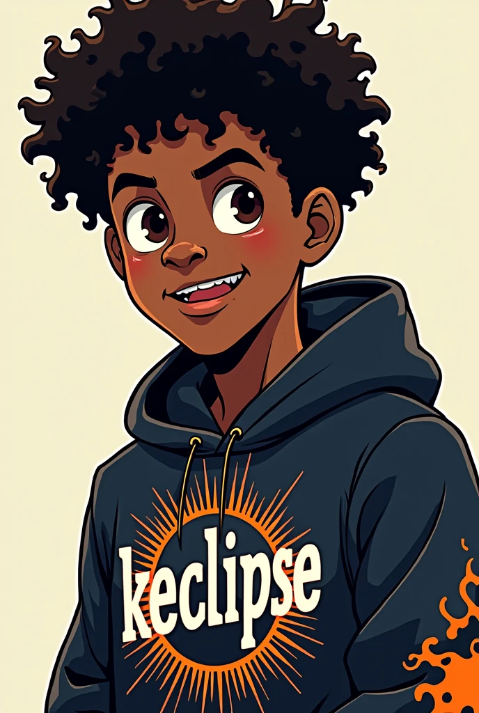 A black man with curly hair who has a hoodie and knows that it says KEclipse with an eclipse of the theme of the gamige a little younger  who looks more animated masculine 