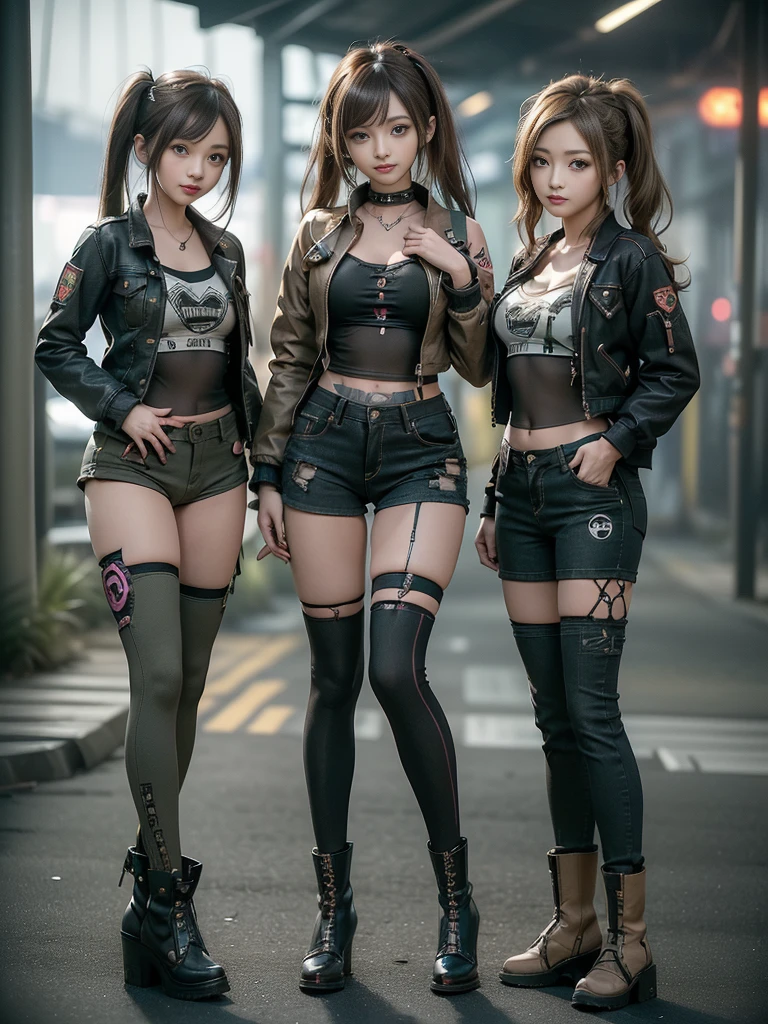 (Three Girls, 3  girls:1.5)、(Full Body View:1.3)、(Side view:1.2)、(Hostess:1.3)、(Smiling with teeth showing:1.3),(Shibuya Gal:1.5)、(Gothic gravure model:1.4)、(Data Fashion:1.5)、(Punk RockVisual Kei:1.4)、(A modern short jacket in dark grey and moss green.:1.5)、(Tattered brown and charcoal denim low rise cargo pants:1.5)、(Mustard Yellow Headband:1.3)、(Charcoal and khaki striped knee socks:1.4)、collar、(Brown platform long boots)、(Clothing with logo pattern:1.4)、20-year-old、Browsing Caution,((Highest quality、In 8K、masterpiece:1.3))、Sharp focus:1.2、(Layered Cut、Huge breasts:1.1),Beautiful woman with perfect figure:1.4、(Doing an aerobics pose:1.3)、Slim Abs:1.2、Butt、Highly detailed face and skin texture、Fine grain、double eyelid,(Twin tails:1.3)、(Brown-golden hair:1.3)、Obscene、Idol Sculpture、(The three of them are posing together in a cute way.:1.3)、(The scenery is a photo shoot for a gravure model with a modern design:1.3)、(Slimming your legs:1.4)、(The body is slim:1.3)、(clavicle:1.1)