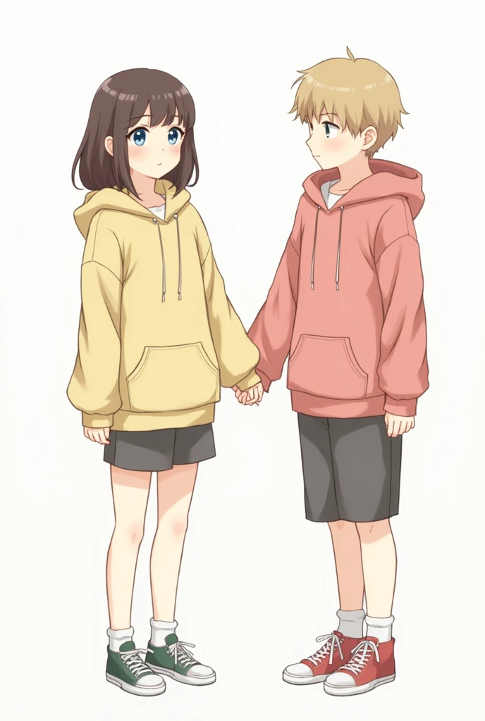 Two people holding hands, one boy and one girl, Both of them are wearing kangaroo-type sweatshirts., Girl with blue eyes and bangs, Hair is medium length and below the shoulders, is tall、I have medium-length brown hair, Brown eyes, Has green eyes, Medium blonde hair, Please sketch it., thank you