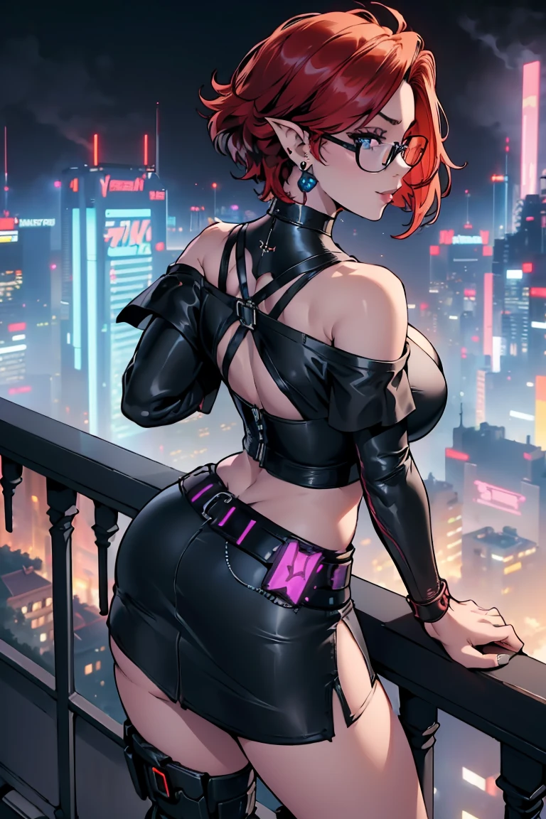 1girl, beautiful elf woman, ((Short Red Hair, Straight, has shine)) Blue eyes, double eyelids, light effect on eyes, detailed irises, beautiful curvy body, glasses, ((Off the Shoulder sleeveless Black top with mini skirt: 1.5)), black choker, black panties, black high heels, ((Work of art, hyper-realistic, hyper detailed, Best Quality, 16k, light and shadow on skin, vivid colors)), ((standing at balcony overlooking cyberpunk city, hands resting on balcony leaning onto it: 1.5)), Lustful Expression, ((Hands resting on top of chest)) perfect lips, sexy mature face, lots of freckles all over body, full pouty lips, extreme blush, sensual smile, ((Night)), moonlit sky, Flirting with viewer, Looking at viewer, Flirty naughty Smile, ((Large Breasts: 1.2)) ((Full Side View))