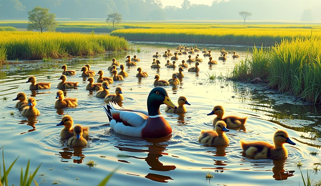 A free range duck farm, ducks swimming in a rice field, lush green vegetation, golden rice fields, warm sunlight, serene rural landscape, flock of ducks foraging, ducklings following mother duck, detailed duck feathers and eyes, photorealistic, 8K, HDR, cinematic lighting, vibrant colors, hyper detailed, masterpiece, studio lighting, 4k, ultra-realistic, highly detailed, professional, sharp focus, extremely detailed, physically-based rendering, award-winning photograph