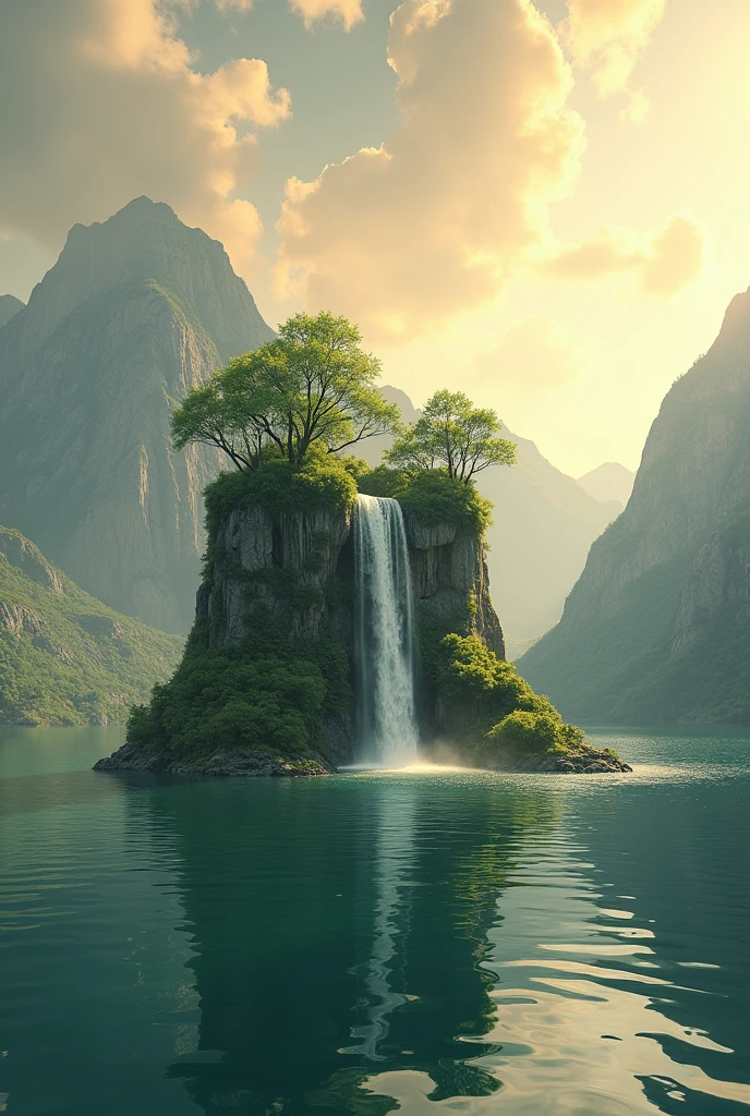 Floating island image, There is a waterfall, stillness, peace, (best quality,4K,8ก,height,Masterpiece:1.2),Very detailed,(realistic,photorealistic,photo-realistic:1.37),Stunning mountain landscapes,Serene atmosphere,Warm golden light,Amazing sky with clouds, ,Beautiful scenery