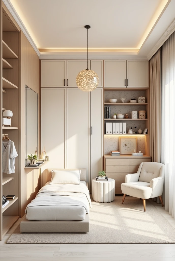 Here is a detailed proposal for the room:

### Layout and General Structure 1. **Room Size**: 25 a 30 m².
2. **Distribution of Spaces**:
   - Rest area (bed-in).
   - Breastfeeding and reading area.
   - Space for study and work.
   - Storage and organization area.

### Decoration and Style 1. **wall-paper**:
   - Him: Balloons in neutral tones (beiges, light gray, offwhite).
   - Main walls covered with paper, creating a soft and welcoming environment.
   
2. **Neutral Colors**:
   - Paredes complementares em tons suaves de light gray ou offwhite off-white para harmonizar com o papel de parede.
   - Touches of more vibrant colors in decorative details, like pillows or pictures.

### Custom Furniture 1. **Multifunctional Bed**:
   - Single bed initially, que pode ser convertida em uma bed-in de casal ou ter uma bed-in auxiliar embutida.
   - Gavetas sob a bed-in para armazenamento de roupas de bed-in ou brinquedos.

2. **Wardrobe and Dresser**:
   - Built-in wardrobe with mirrored doors to expand the space, and adjustable dividers.
   - Dresser with removable changing table, that can be used during childhood and later as a surface for books or decoration.

3. **study-area**:
   - Planned desk with space for computer, books and study material.
   - Built-in bookshelf above the desk, with adjustable shelves.

4. **breastfeeding armchair**:
   - Comfortable armchair with footrest, covered in resistant and washable fabric.
   - Placed near a window or in a more private corner of the room.

### Lighting 1. **soft lighting**:
   - Central chandelier with soft yellow light.
   - Luminárias de parede próximas à bed-in e à poltrona de amamentação para leitura.
   - Indirect lights, like LED strips on shelves and bookcases.

2. **blinds**:
   - blinds em tecido leve e neutro, with built-in blackout for brightness control.

### Details and Accessories 1. **Rugs and Cushions