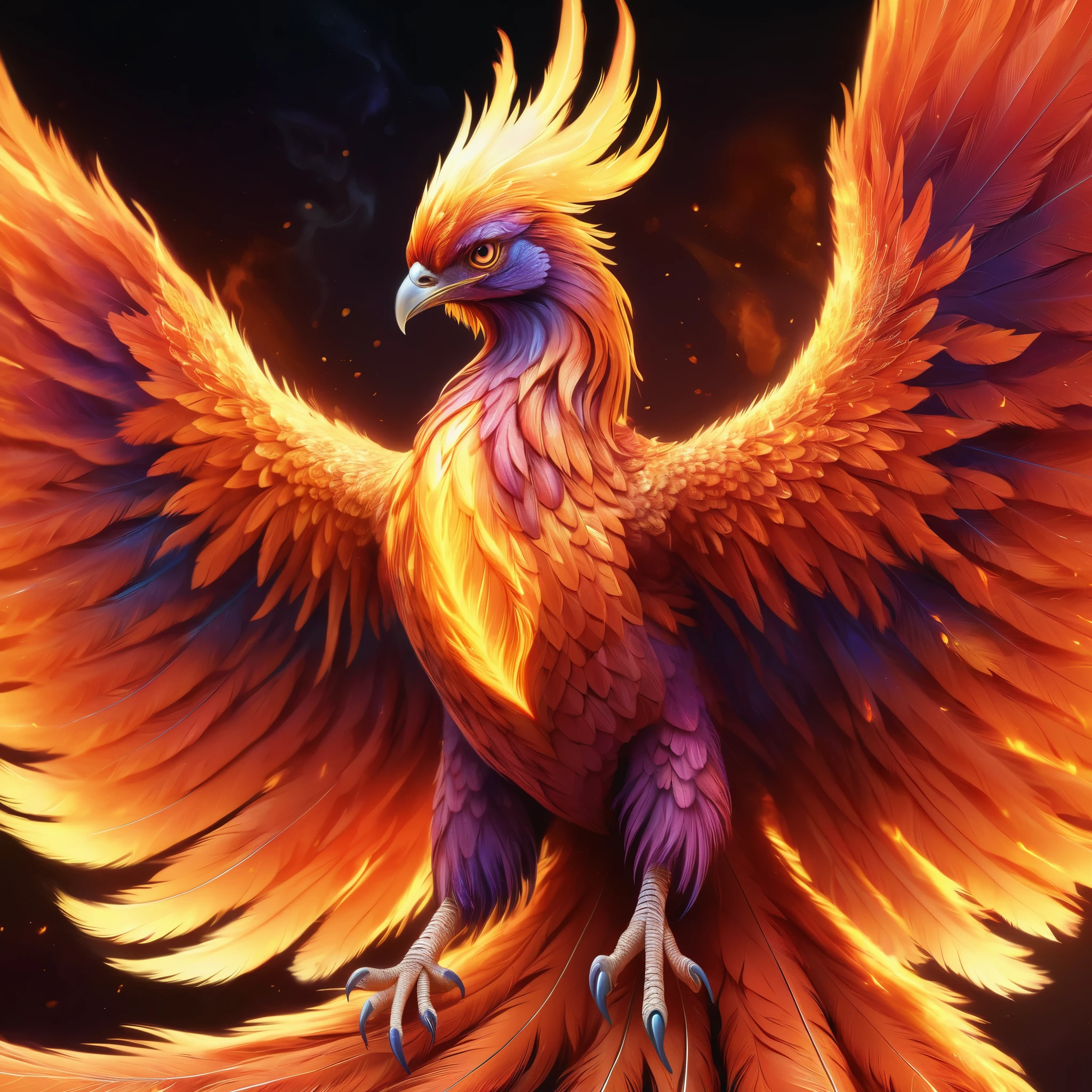((a mystical phoenix)), detailed feathers, iridescent plumage, majestic wingspan, elegant posture, vibrant orange and red hues, glowing embers, dynamic phoenix rising from the ashes, intricate phoenix illustration, photorealistic phoenix portrait, dramatic fiery phoenix, cinematic phoenix fantasy scene, highly detailed phoenix digital art