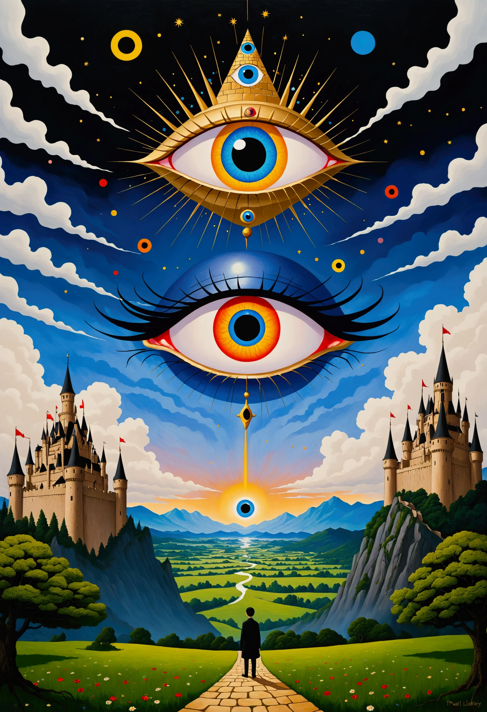 There is a big eye in the painting，There is a castle in the background, Surrealism inspired by Nagai Hiroshi, Winner of the Behance competition, Minimalism, Portrait of a mysterious giant eye, All-Seeing Eye, Third Eye Vision, Fred Tomaselli, Paul Lafley, Fantasy painting, Mysterious eyes, The Third Eye, Highly detailed fantasy art, Mysterious Eye