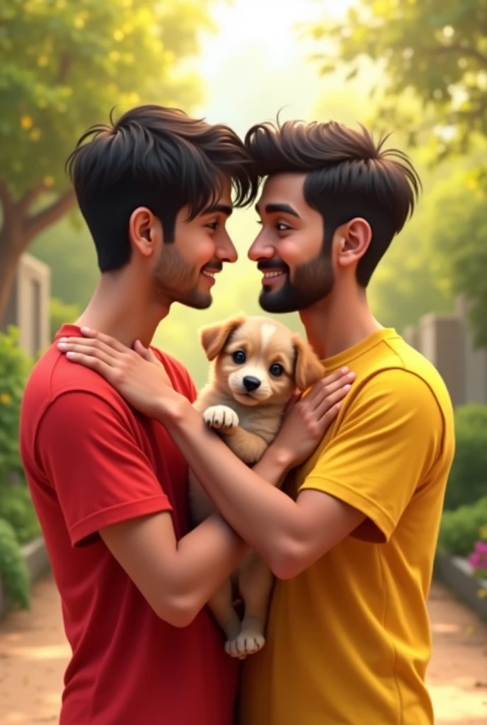 Fukra insaan standing in red t shirt with puppy in his hands with his friend who is wearing yellow t shirt putting and friend putting his on hand on his shoulder 




