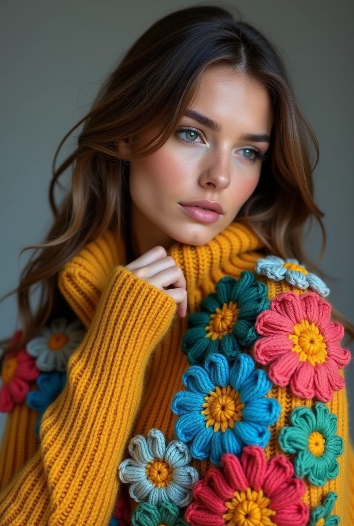 European woman model wearing a thick knitted sweater with lots of colorful embossed crochet flowers without holes 