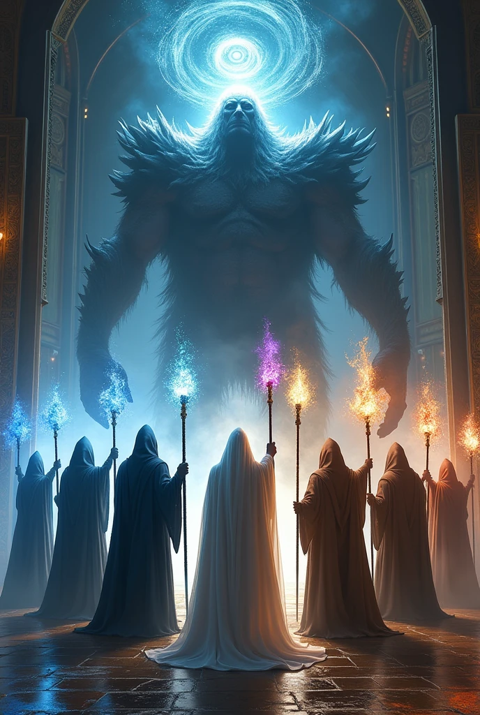 The Council of Old Wizards: 1 White Wizard, 2 Blue Wizards, 1 Grey Wizard, and 1 Brown Wizard.

Each of them carries a staff. 

They are fighting off a Giant Evil Being of Omnipotence, casting spells with their staff
