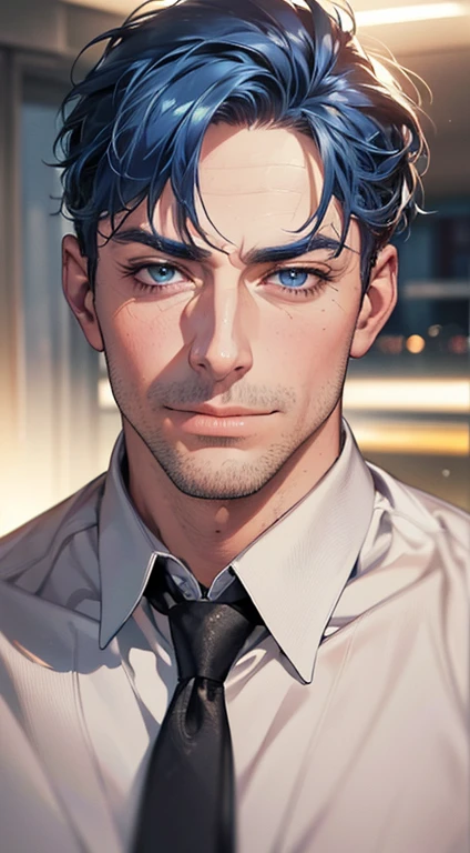 (best quality,4k,8k,highres,masterpiece:1.2),ultra-detailed,(realistic,photorealistic,photo-realistic:1.37),1 man,3,mature man,very handsome,without expression,smile,short blue hair,blue eyes,penetrating gaze,perfect face without errors,imposing posture,businessman,office background,cinematic lighting,hdr image