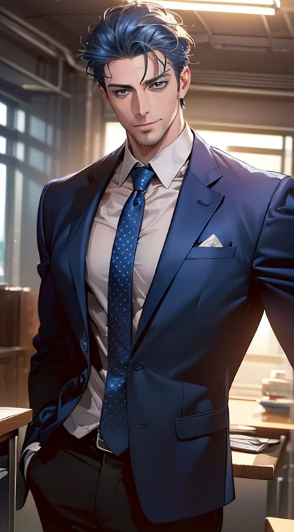 (best quality,4k,8k,highres,masterpiece:1.2),ultra-detailed,(realistic,photorealistic,photo-realistic:1.37),1 man,3,mature man,very handsome,without expression,smile,short blue hair,blue eyes,penetrating gaze,perfect face without errors,imposing posture,businessman,office background,cinematic lighting,hdr image
