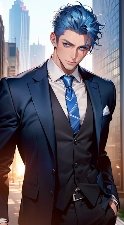 (best quality,4k,8k,highres,masterpiece:1.2),ultra-detailed,(realistic,photorealistic,photo-realistic:1.37),1 man,3,mature man,very handsome,without expression,smile,short blue hair,blue eyes,penetrating gaze,perfect face without errors,imposing posture,businessman,office background,cinematic lighting,hdr image