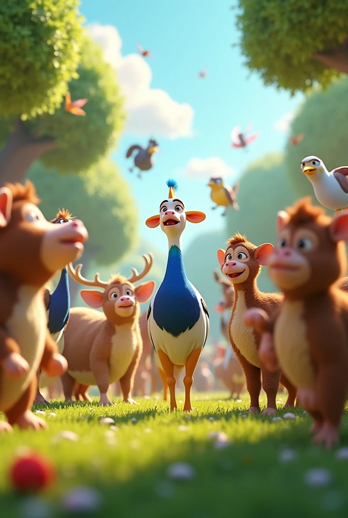 In 3D animation generate"  cows, monkeys, dears, peacocks and birds enjoying and reacting to the music, creating a lively atmosphere.."
