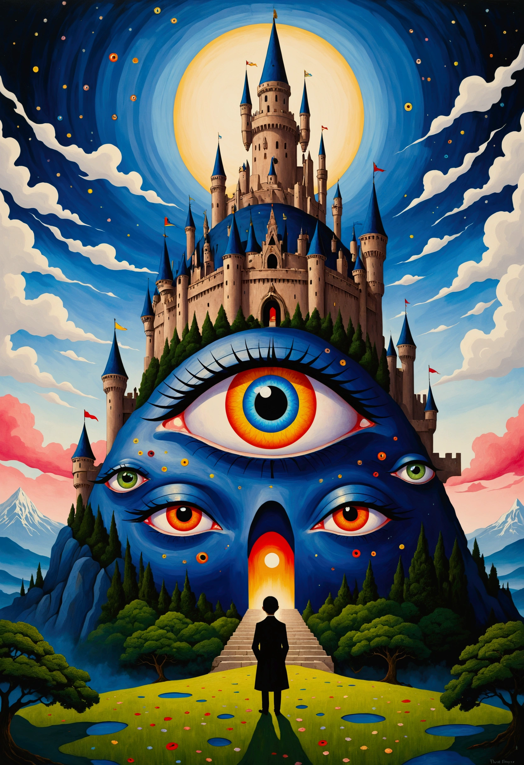 There is a big eye in the painting,There is a castle in the background, Surrealism inspired by Nagai Hiroshi, Winner of the Behance competition, Minimalism, Portrait of a mysterious giant eye, All-Seeing Eye, Third Eye Vision, Fred Tomaselli, Paul Lafley, Fantasy painting, Mysterious eyes, The Third Eye, Highly detailed fantasy art, Mysterious Eye