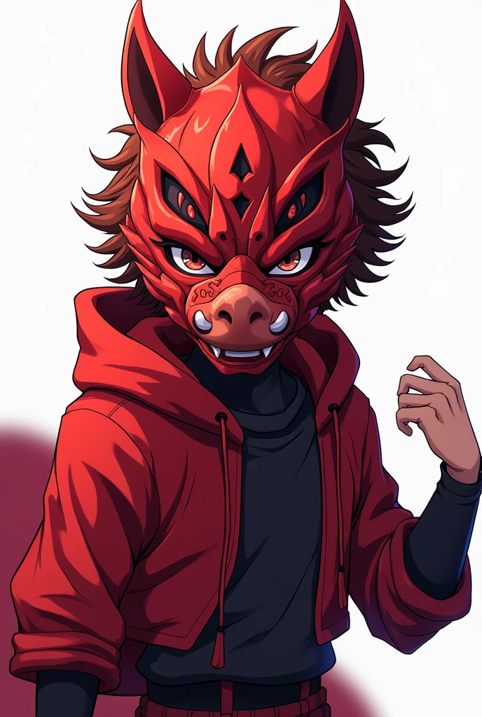 Anime boy wearing a red boar mask in a cool pose, white background