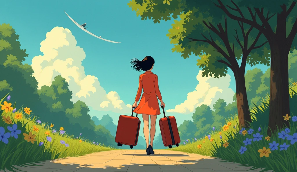 a young woman leaving the house with suitcases,studio ghibli art style,studio ghibli art style,studio ghibli art style,studio ghibli art style