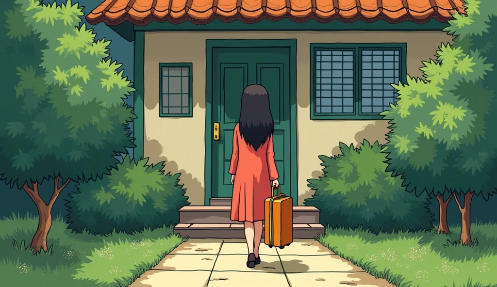 a young woman leaving the house with suitcases,studio ghibli art style,studio ghibli art style,studio ghibli art style,studio ghibli art style