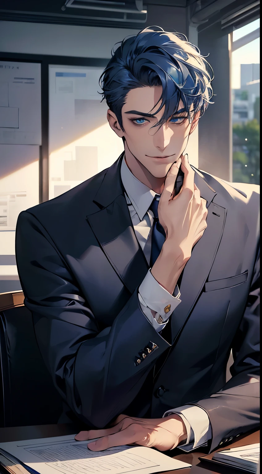 (best quality,4k,8k,highres,masterpiece:1.2),ultra-detailed,(realistic,photorealistic,photo-realistic:1.37),1 man,3,mature man,very handsome,without expression,smile,short blue hair,blue eyes,penetrating gaze,perfect face without errors,imposing posture,businessman,office background,cinematic lighting,hdr image
