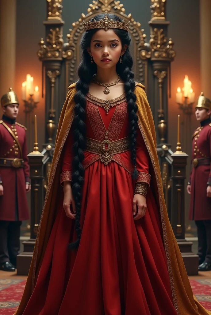 A beautiful Young and beautiful princess with black long hair wearing a royal Red cotton Fabric Princess gown with dark golden cotton cloak,Her platinum blonde hair braided around her head like a ring,A black ring shaped flat large plane tiara on her head, She's standing straight,Iron throne on her background, candles around, soldiers on either sides, Photorealistic
