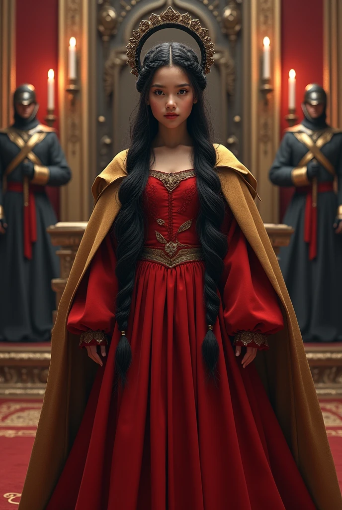 A beautiful Young and beautiful princess with black long hair wearing a royal Red cotton Fabric Princess gown with dark golden cotton cloak,Her platinum blonde hair braided around her head like a ring,A black ring shaped flat large plane tiara on her head, She's standing straight,Iron throne on her background, candles around, soldiers on either sides, Photorealistic