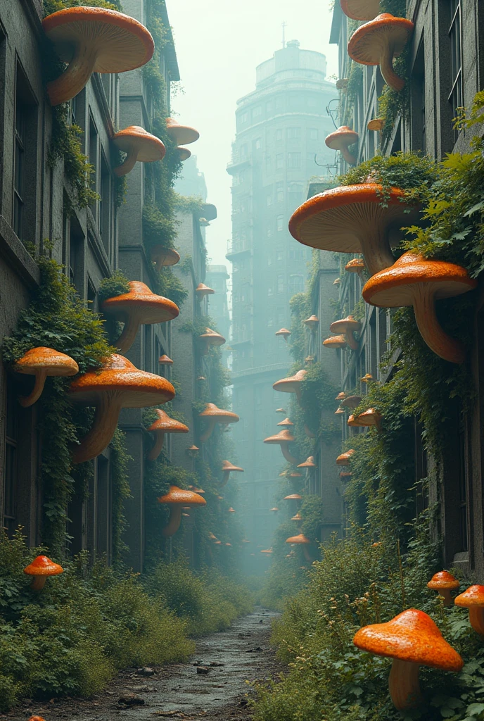 A deserted city with mushrooms growing on the buildings
