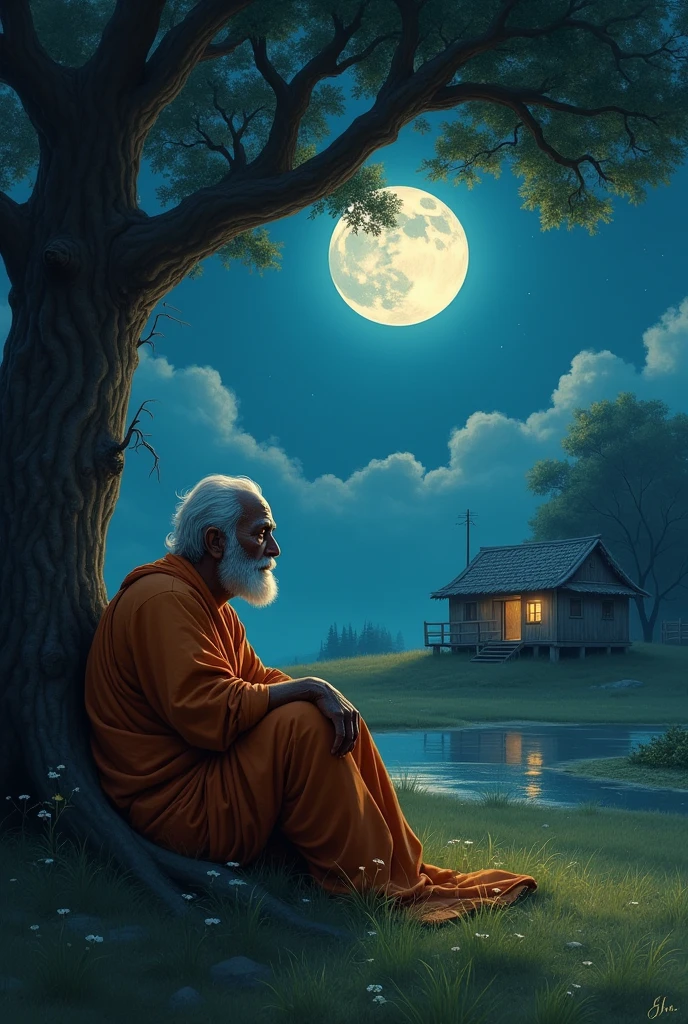 Old old bramhana person get up at night time in the middle of his sleeping time and he thought about what happening there ,he slept under the tree with full moon besides a house