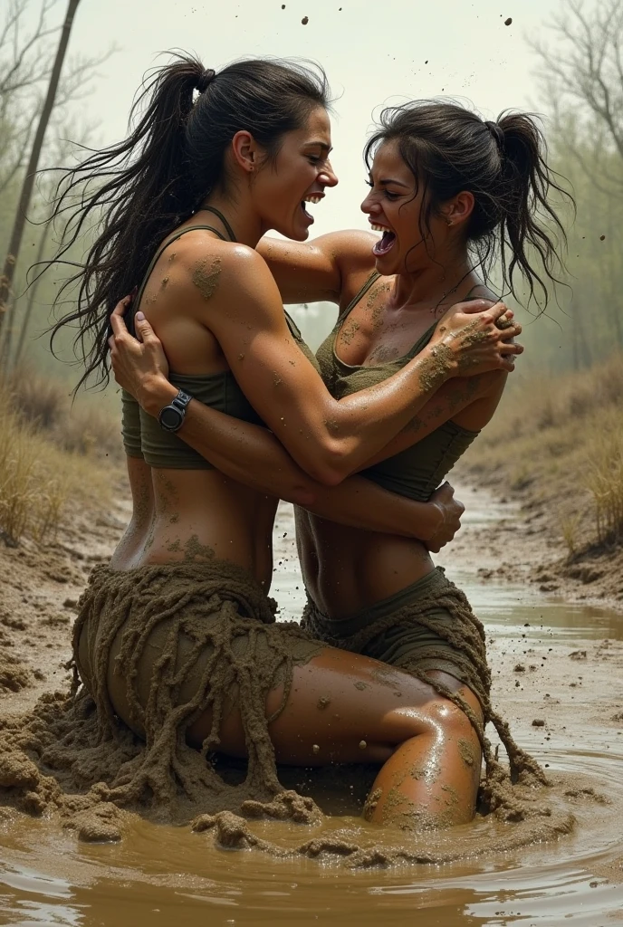 create an illustration of a fight between two women in a mud puddle where one suffocates the other using her thighs