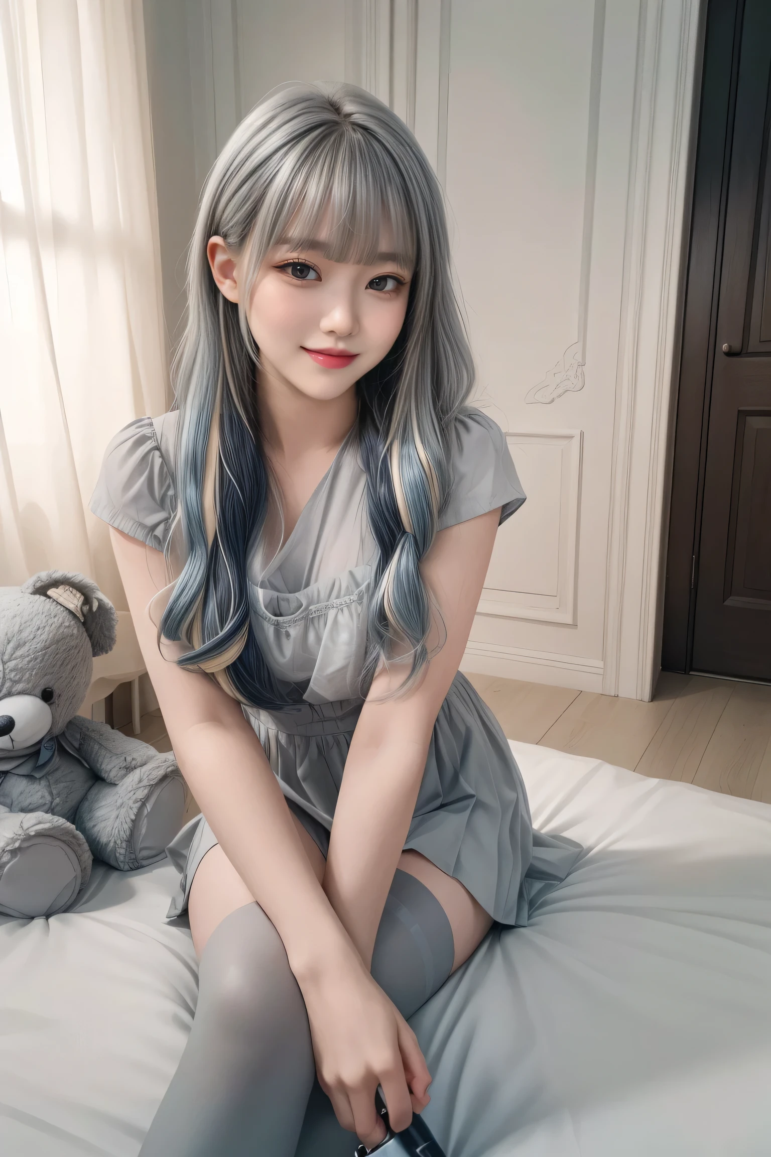 (sitting cross-legged on the bed)、Mature Woman、Light blue hair、((Light grey hair))、(((Two-tone hair)))、Black taupe dress with delicate light blue decoration、Slender women、Cute Woman、 8K Ultra HD,Detailed face、Delicate texture, Long Hair、(((Blunt bangs)))、(((Drill Hair)))、Tutu skirt、Thigh-length tights、short boots、((Oriental router))、mini skirt、A room in a Western-style building、((Delicate photo)),(Girl Astepeace RAW Photo Details:1.25), (Highest quality:1.6), (Ultra-high resolution:1.5), (Realistic:1.75), 8k resolution, Canon EOS R5, 50mm, Absurd, Very detailed,Cinema Lighting、((stuffed toy:1.3))、Browsing Caution:1.5(Full Body Shot)、(smile)、