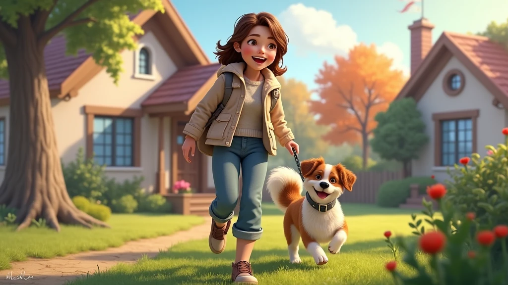Lily and Max stepping out of their cozy house together, with smiles on their faces and excitement in the air. The scene should show a close bond, with Max happily trotting beside Lily.