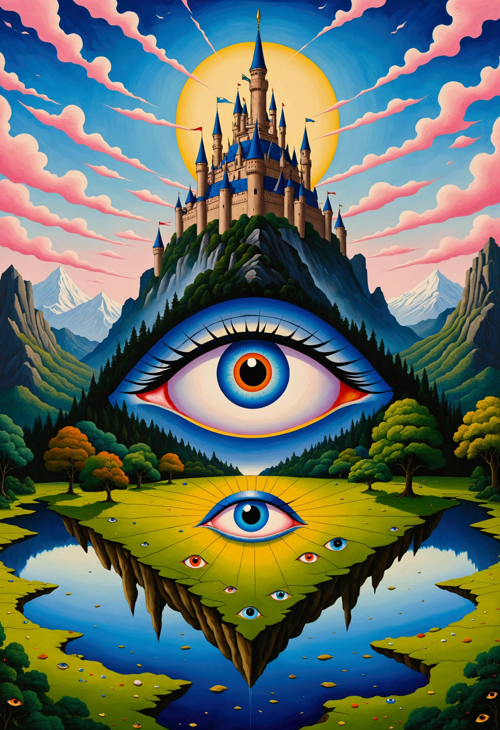 There is a big eye in the painting，There is a castle in the background, Surrealism inspired by Nagai Hiroshi, Winner of the Behance competition, Minimalism, Portrait of a mysterious giant eye, All-Seeing Eye, Third Eye Vision, Fred Tomaselli, Paul Lafley, Fantasy painting, Mysterious eyes, The Third Eye, Highly detailed fantasy art, Mysterious Eye